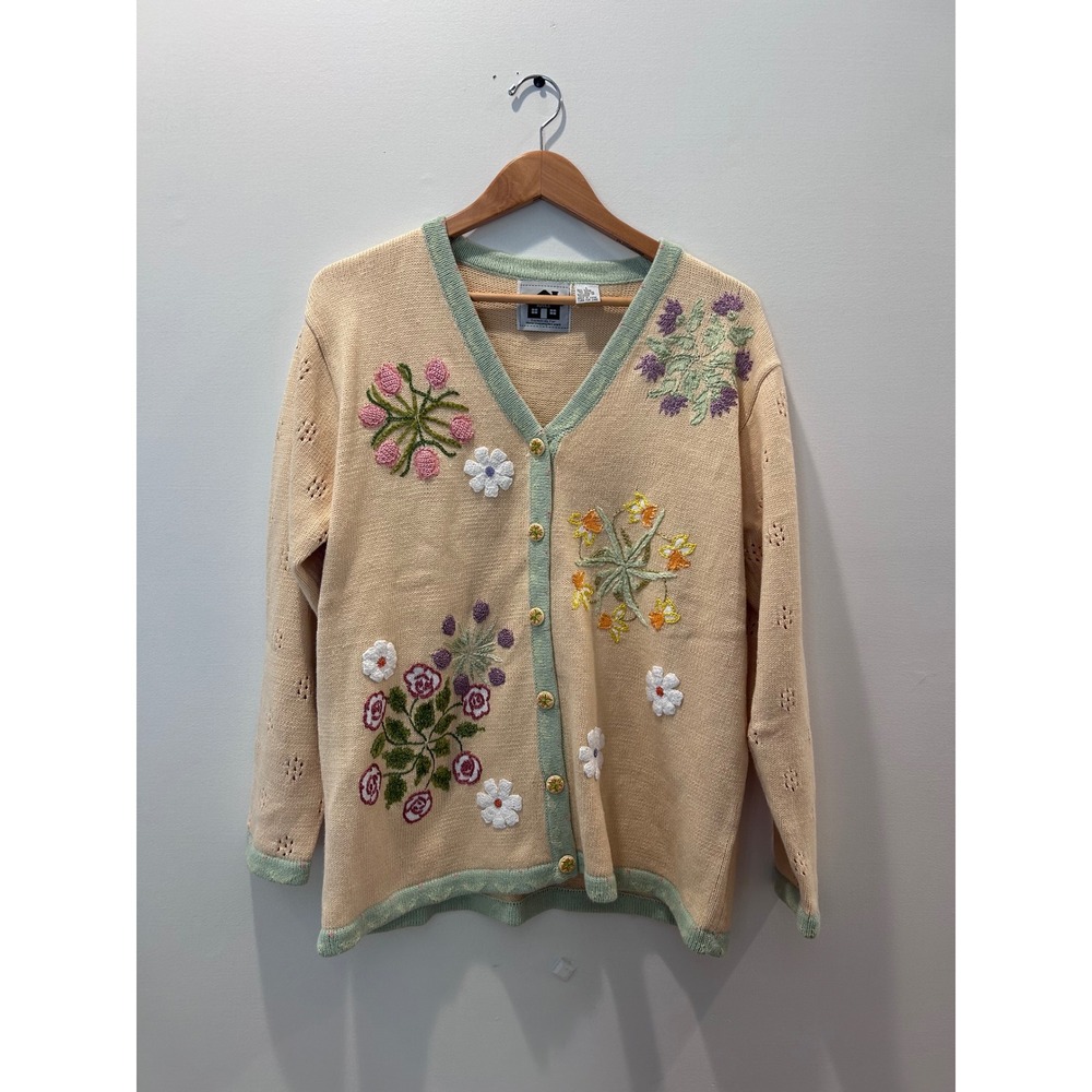Storybook Knits Cardigan Womens Large Peach Floral Nature's Mandalas Embroidered